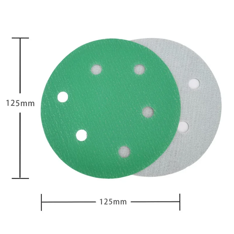 5 Inch 6 Hole Sandpaper Green Round Pneumatic Sander Flocking Car Putty Polishing Self-adhesive 125mm