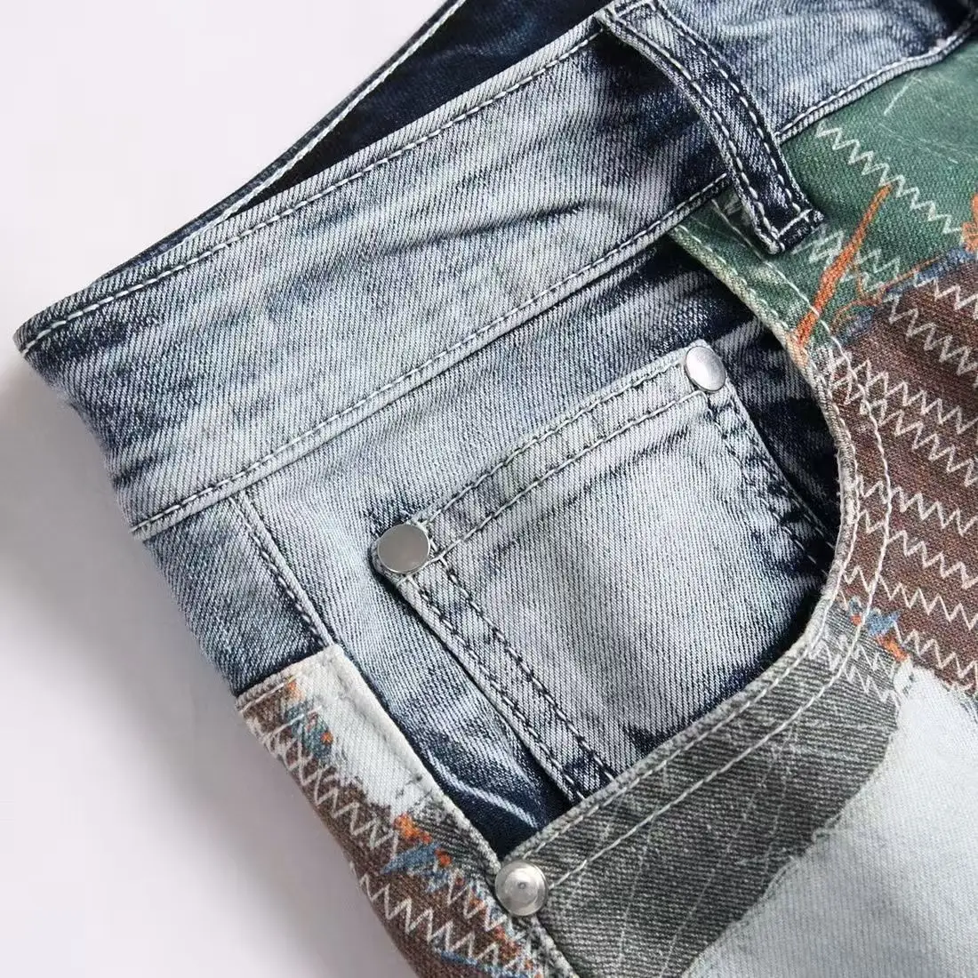 Y2K fashion new men's jeans stretch 3D printed slim fit washed nostalgic light blue jeans high street hip-hop brand splicing pan