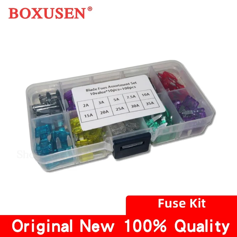 100pcs/lot Mini Auto Fuse 10 Value Car Fuse Blade Kit Assortment with Box 2A 3A 5A 7.5A 10A 15A 20A 25A 30A 35A