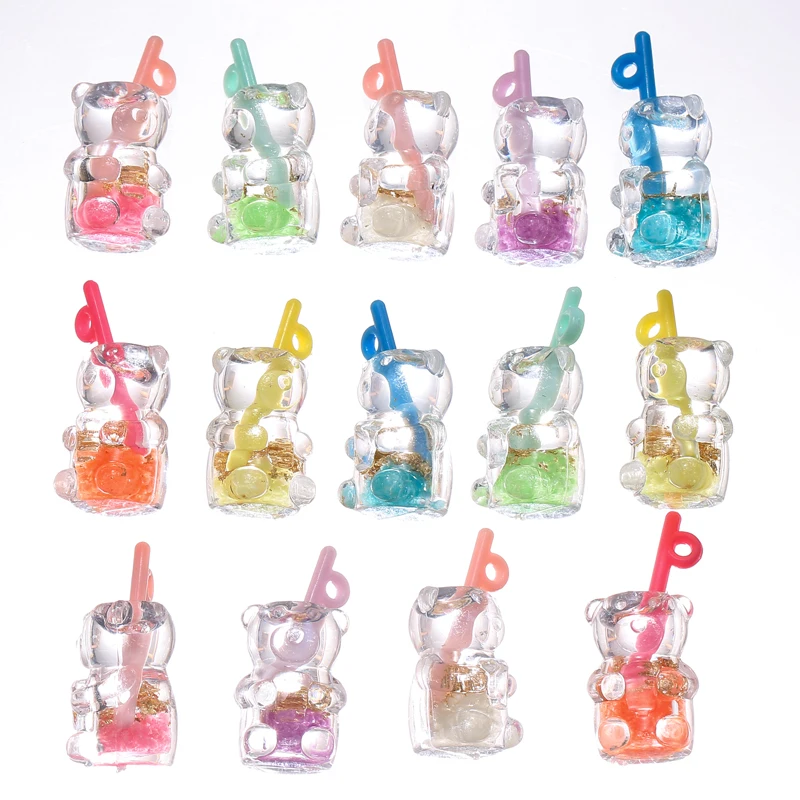 15pcs/lot Mixed Transparent Bear Juice Cup Charms Resin Pendant DIY Necklace Keychain for Jewelry Making Accessories