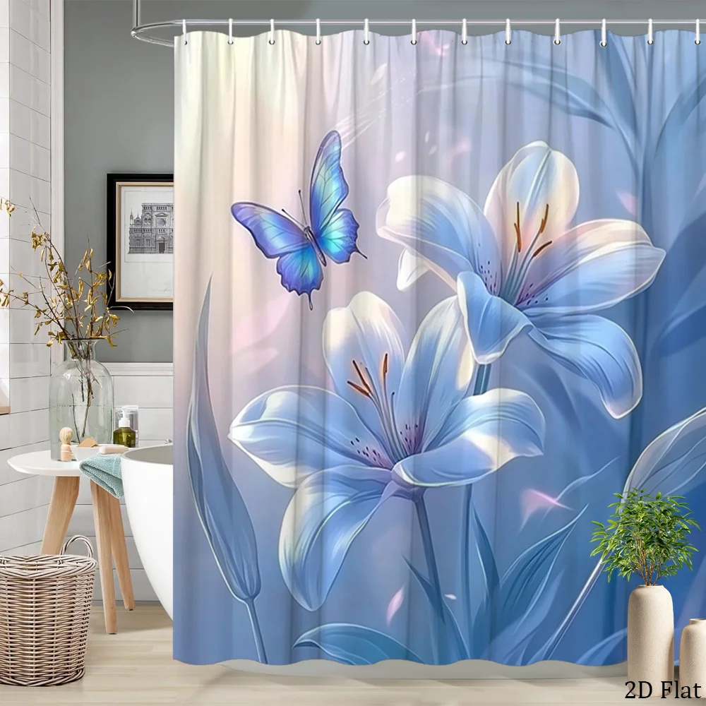 

Artistic Blue Lily Butterfly Floral Watercolor Print Shower Curtain Liner Bathroom Decor 180x200cm