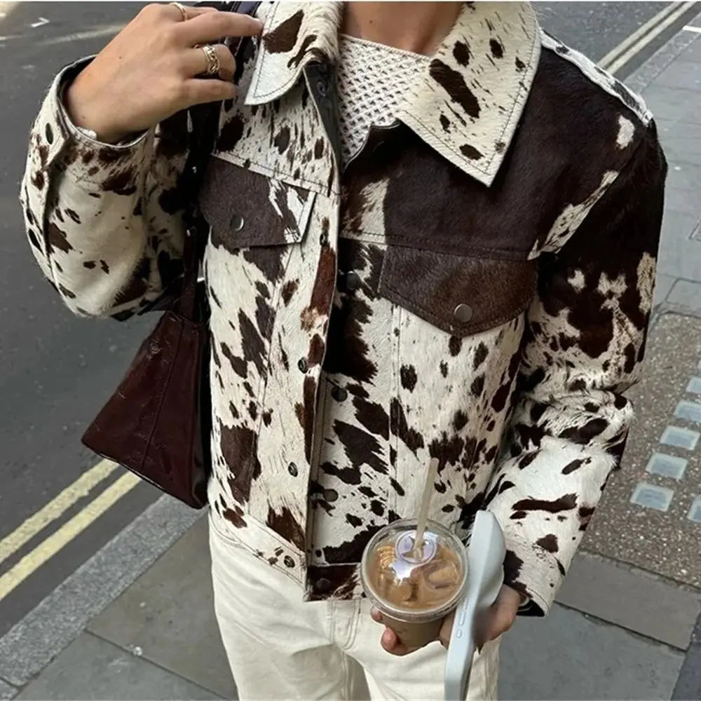 

Women Fashion Print Lapel Coat Vintage Long Sleeve Autumn Winte Jacket Single Breasted Streetwear Female Y2K Chic Casual Coats