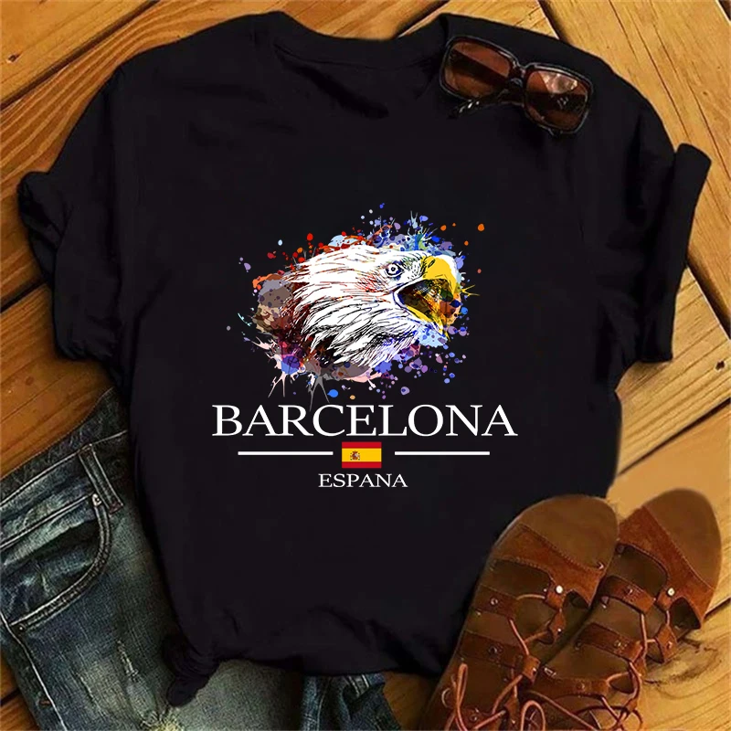 Barcelona Eagles Lions Leopards Print Women\'s T-Shirts Esppana Letter ​Harajuku Unisex Luxury TShirts Summer Short Sleeve Top