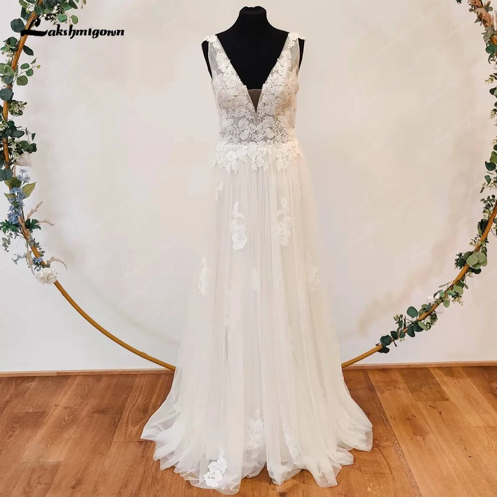 Lakshmigown Lace Appliques Sleevless Wedding Dress with V Neck 2025 Bridal Gown Custom Made vestidos de novia para boda civil