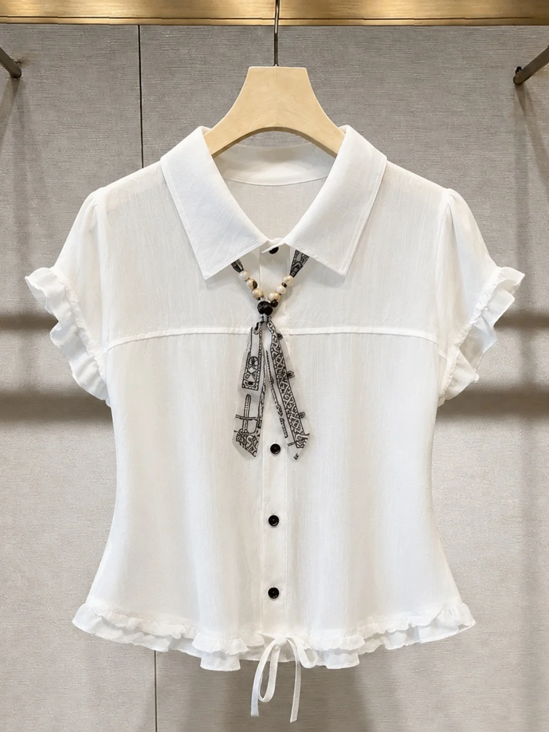 Korean Style Pleated  Collar Silk Scarf Chiffon Shirt Summer 2026 Women's Comfortable Fashionable Versatile Short Sleeve ...
