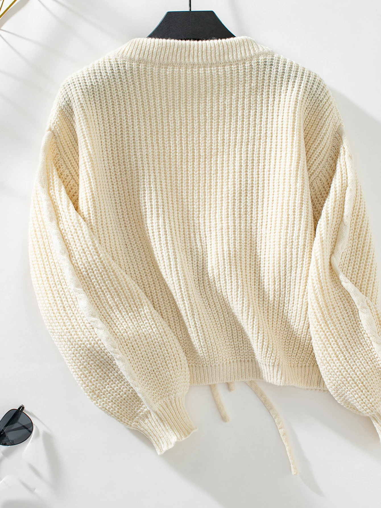 Cárdigans de mujer Otoño Invierno Daily Casual Plain 2025 Cárdigans casuales con cordones y cuello redondo de manga larga