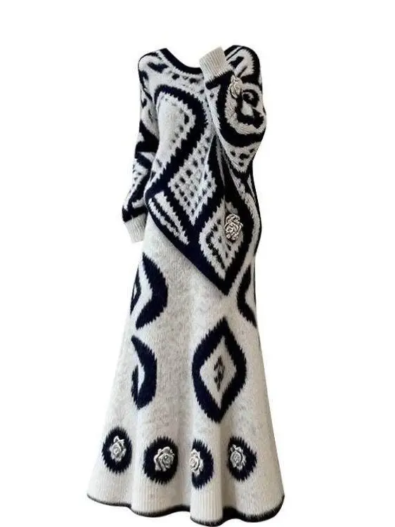 

plus Size Sweet And Spicy Geometric Pattern Knitted Sweater And Skirt Two Piece Set for Women High Waist Spring Faion