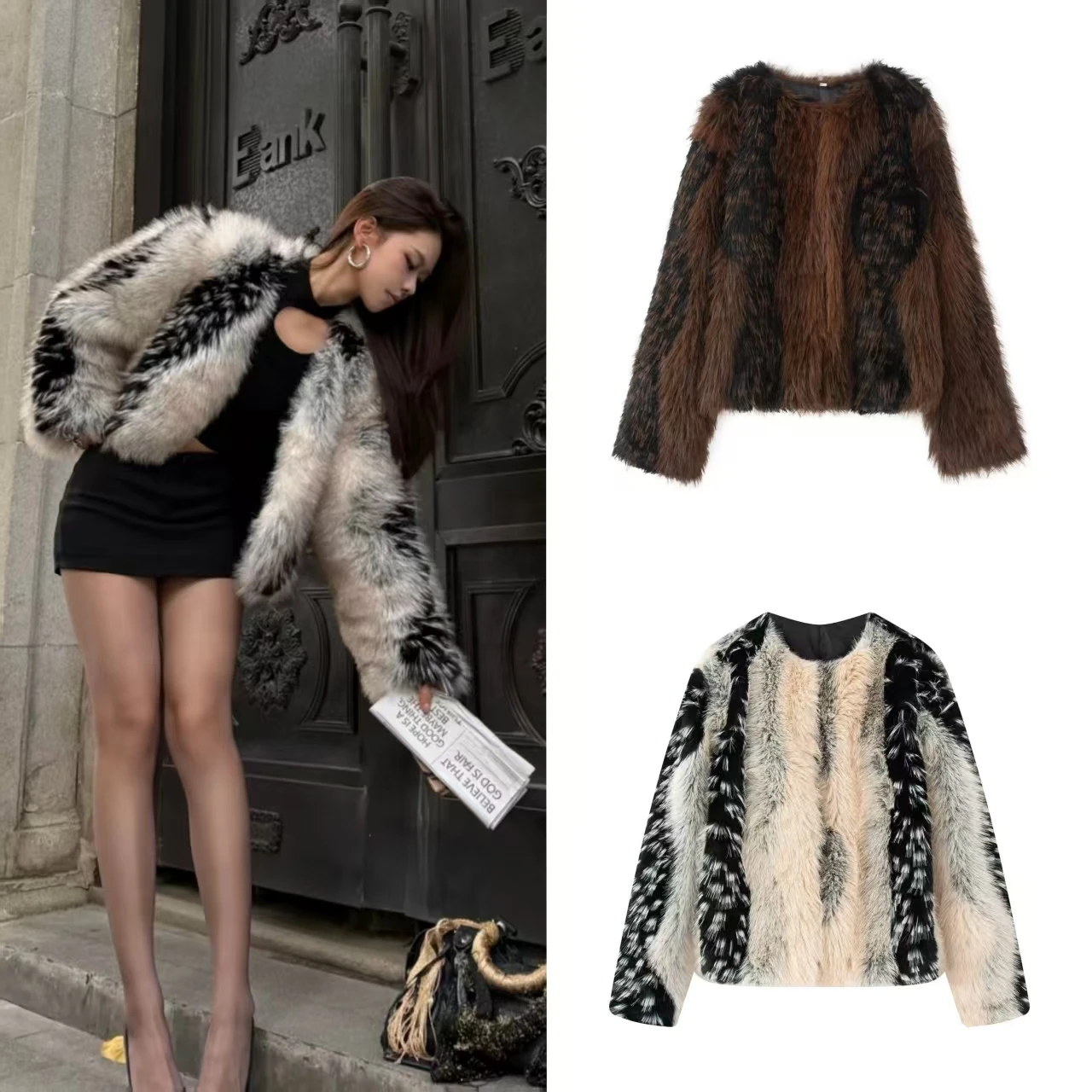 Guobioziy 2026 Women's Fall winter New Jacket Color-Block Long-Sleeve Faux Fur Socialite-Style Warm Jacket Elegant Fashionable