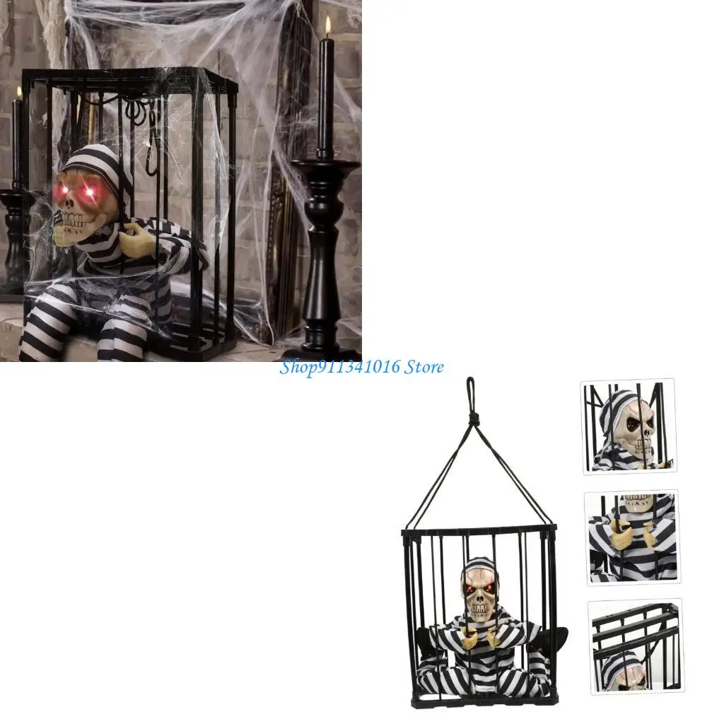  Animated Halloween Decors Scream Sound Ghostly Prisoner In Cage With Motion Detection Red LED Eye And Jump Scare Effect