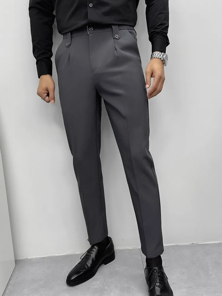 Spring Summer Business Men Work Slim Fit Suit Pants Zip Fly Ankle Length Formal Pants Fashion Male Cargo Trousers Solid Colors