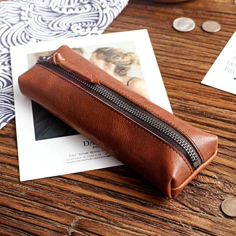 

Genuine Leather Pen Bag Vintage Children Student Long Zipper Coin Purse Pencil Case Holder Glasses Storage Bags School Supplies