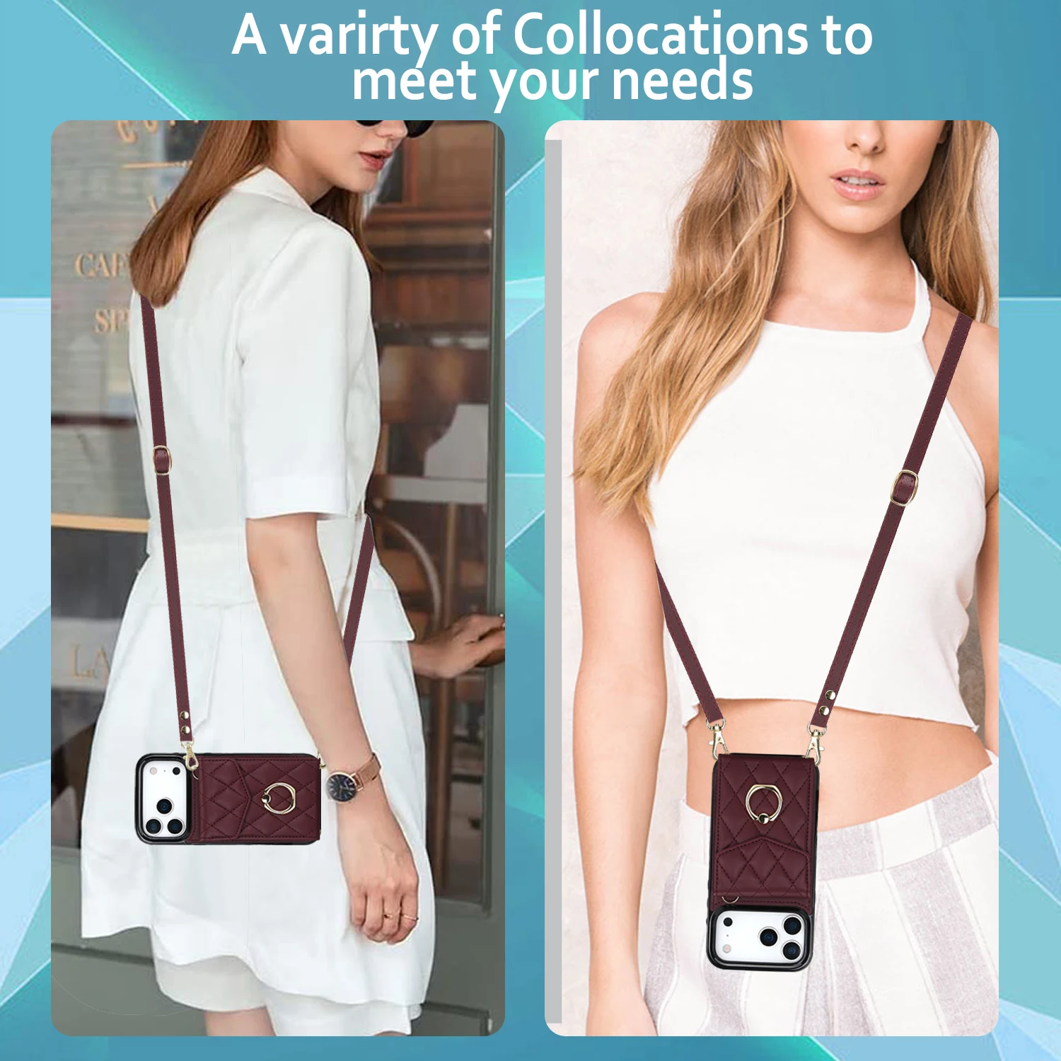 

Crossbody Lanyard Leather Card Holder Wallet Case For iPhone 17 Pro Max 16 15 14 13 12, Ring Holder Kickstand Phone Cover Funda
