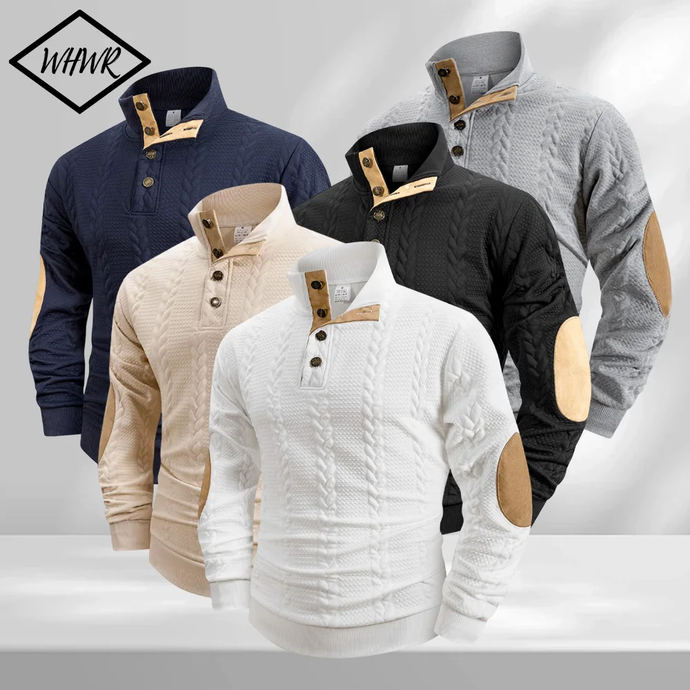 

Весенне-осенний мужской повседневный жаккардовый вязаный пуловер с воротником-стойкой и длинными рукавами, свитер на пуговицах, толстовка Генри