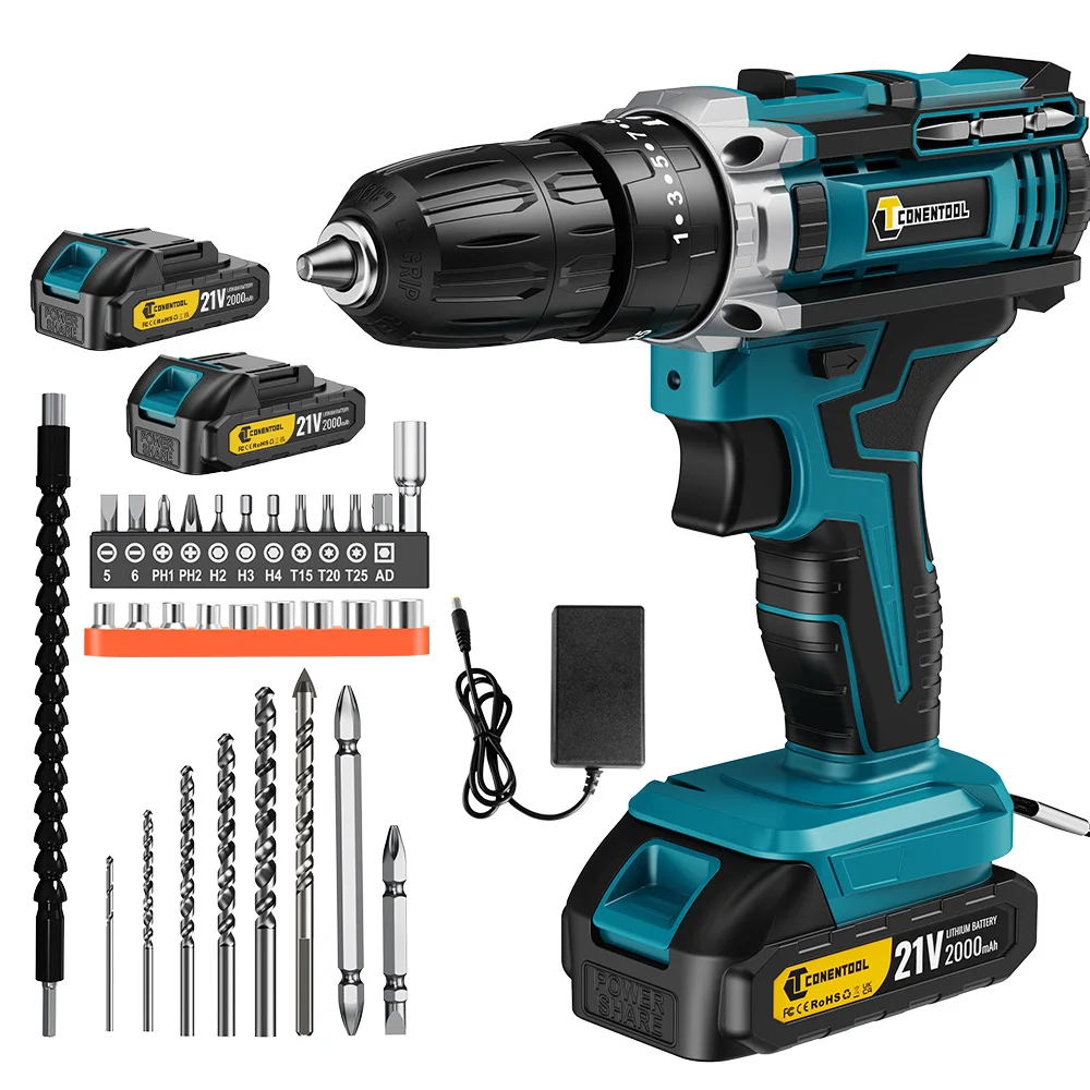 Cordless Drill Driver 21V, Cordless Hammer Drill with 2 Batteries 2000mAh, 25+3 Torque, 45N.m Electric Drill Screwdriver