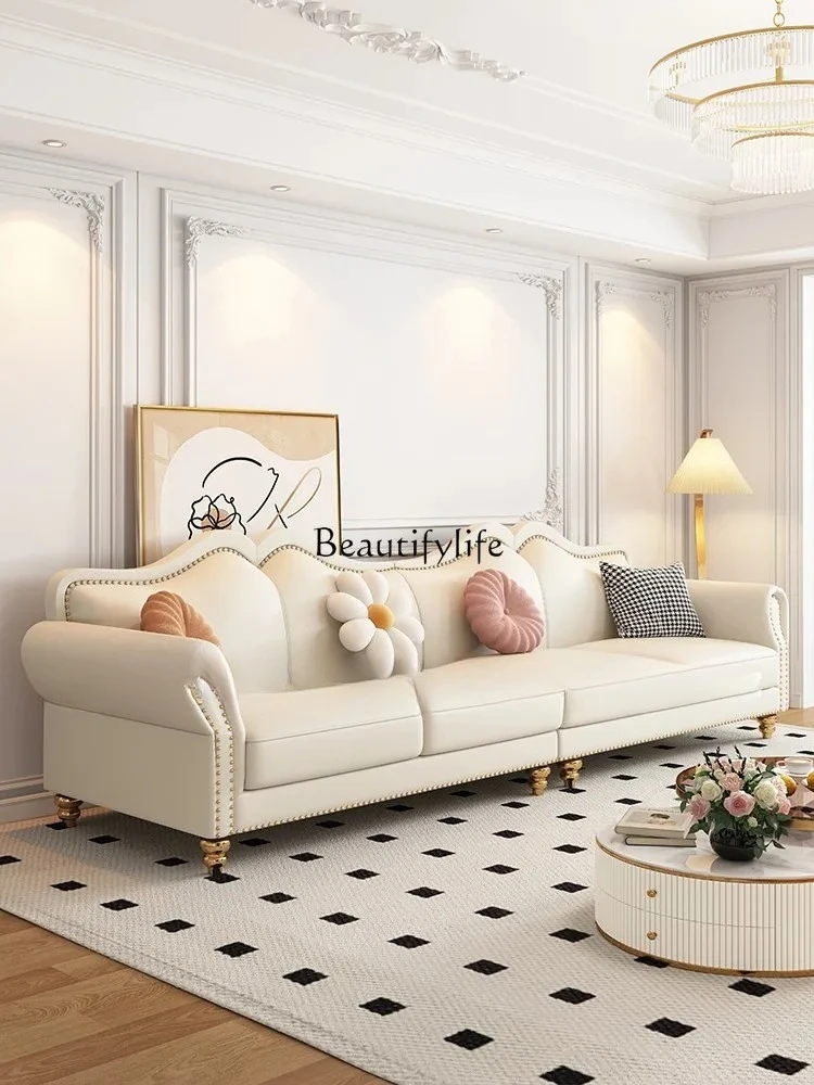 

04French cream style leather sofa living room small apartment