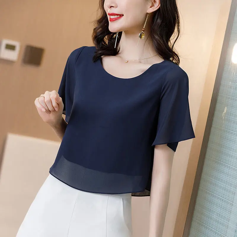 Elegant Solid Color Spliced Irregular Chiffon Blouse Women\'s Clothing 2024 Spring New Casual Pullovers Office Lady Shirt