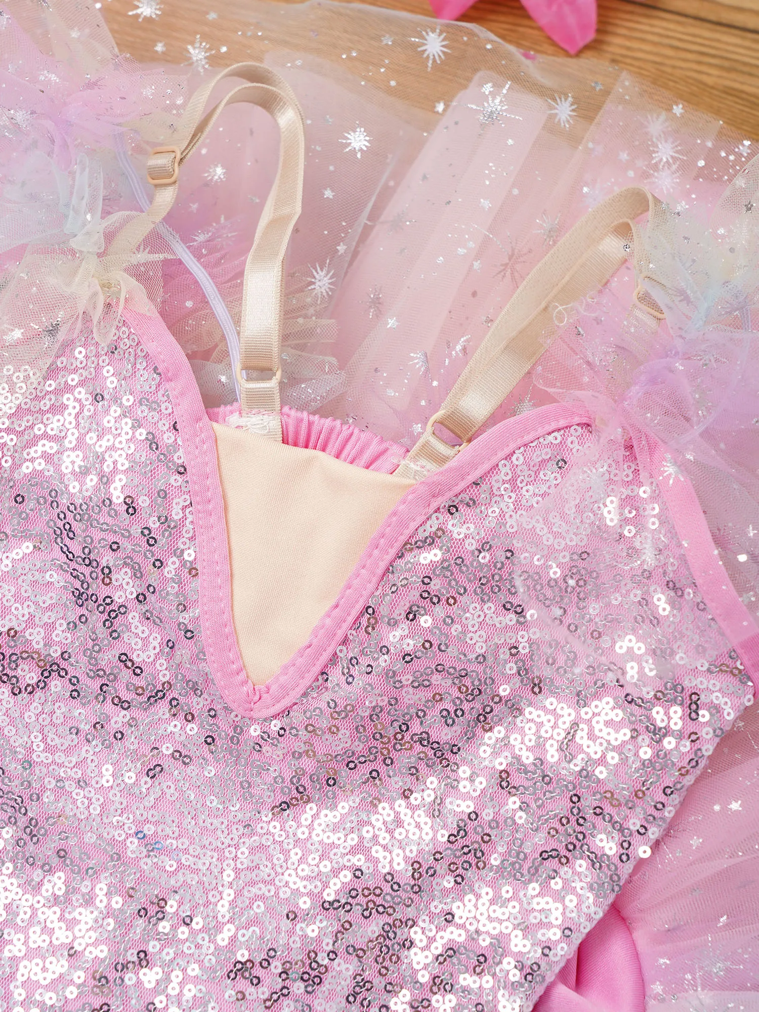 الفتيات الترتر الباليه توتو فستان تكدرت الأكمام قابل للتعديل الكتف الأشرطة تول فستان وأغطية الرأس الأصفاد فستان راقصة الباليه يوتار