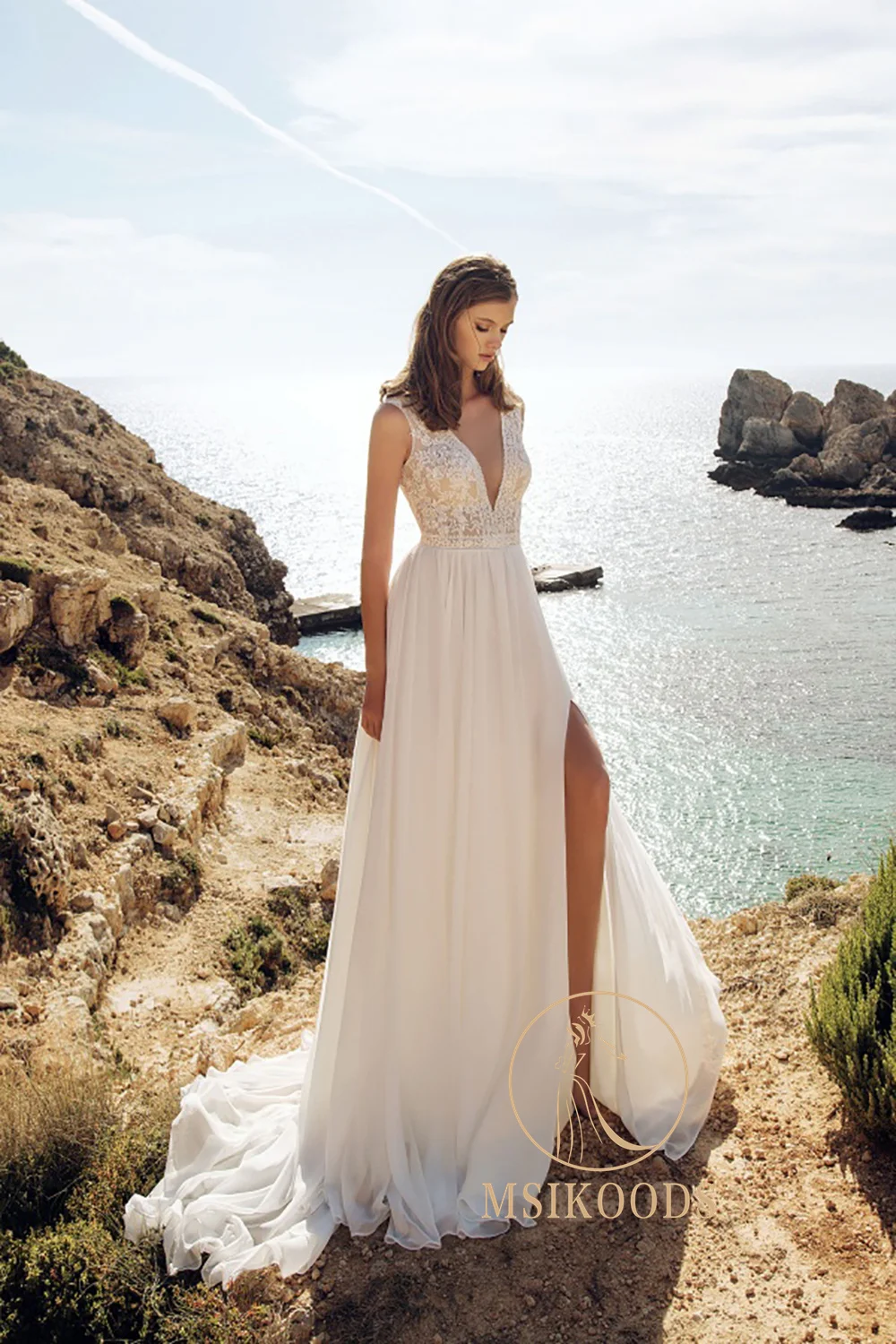 ชุดแต่งงาน Msikoods 2025 ผ้าลูกไม้ปักลาย คอวี เปิดหลัง สไตล์โบฮีเมียน ชุดเจ้าสาวเซ็กซี่ ผ่าสูง ชุดแต่งงานชายหาด รับสั่งตัด
