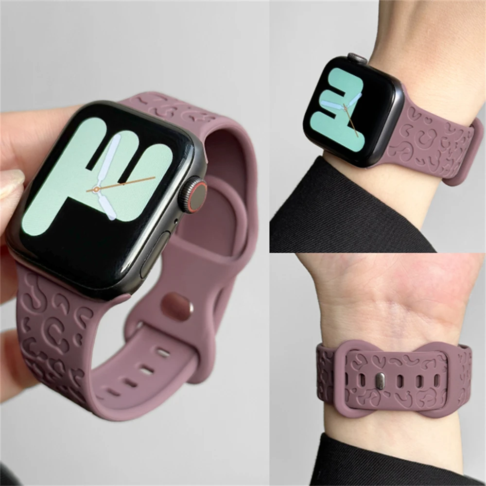 Cute 3D Leopard Prints Silicone Band Loop For Apple Watch 45mm 41 40 44 42 38mm Lovely Soft Sports Strap For Series 9 8 7 6 5