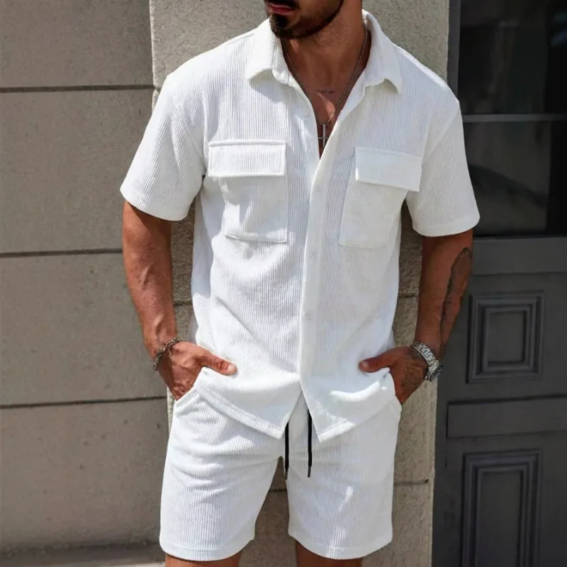 

Mens Solid Color Corduroy Short Sleeve Shirt and Shorts Set Casual Streetwear Summer Outfit With Pockets