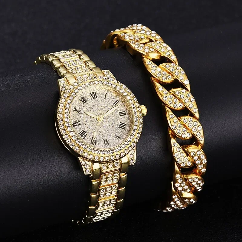 Luxus Frauen Diamant Uhren 1/2 stücke Hip Hop Armband Damen Quarzuhr Rose Gold Frauen Armbanduhr Glänzenden Kristall Reloj mujer