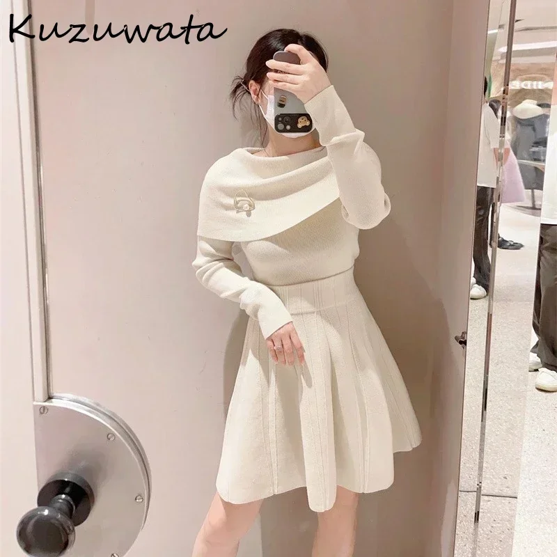 Kuzuwata Elegant Slash Neck Long Sleeve Sweaters Simple Pullover Love Pins Jumper Japan Shoulder Strapless Solid Sweet Knitwear