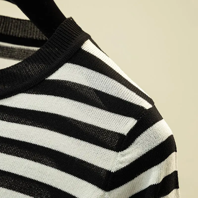 Stickerei Striped Gestrickte T Hemd Frauen Casual Kurzen Ärmeln Dünne T-Shirt Weiche Kintwear Frau T-shirts Weibliche Sommer Tops 2021