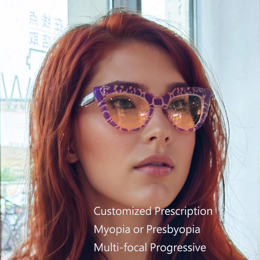 Customized Prescription Glasses Women Cat Eye Multi-Focal Progressive Photochromic Anti-Blue Light Myopia Hyperopia Eyeglasses