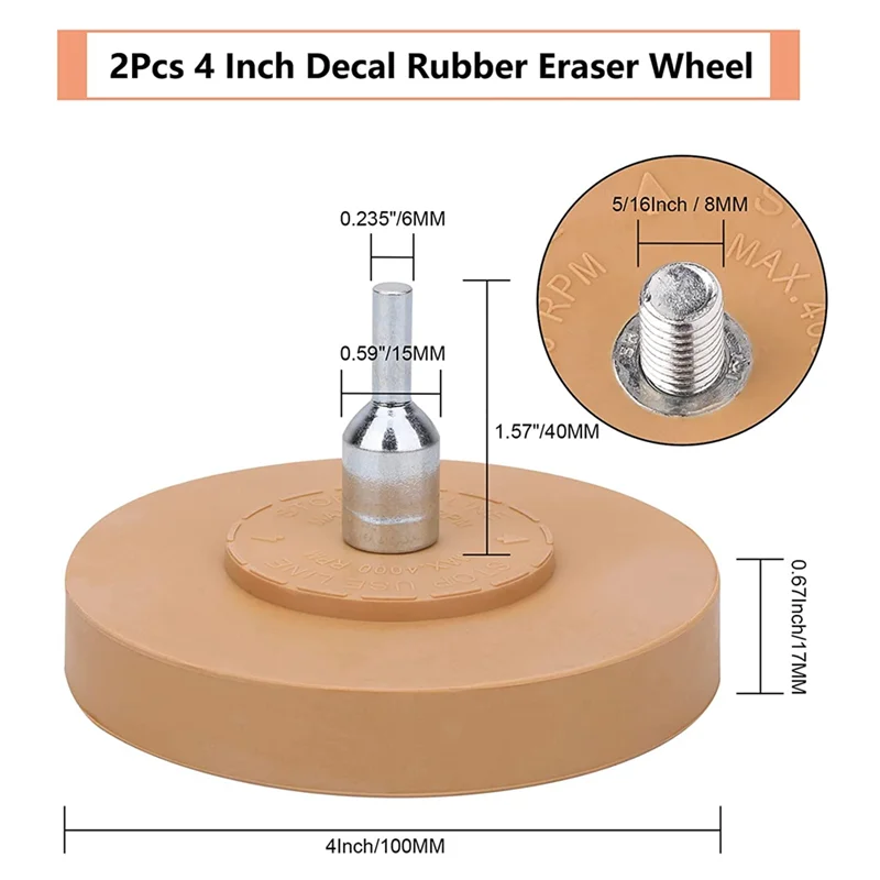 2Pcs Decal Rubber Eraser Wheel 4inch Adhesive Remover Solid Rubber Wheel with Pad & Drill Adapter, Adhesive Remover Tool