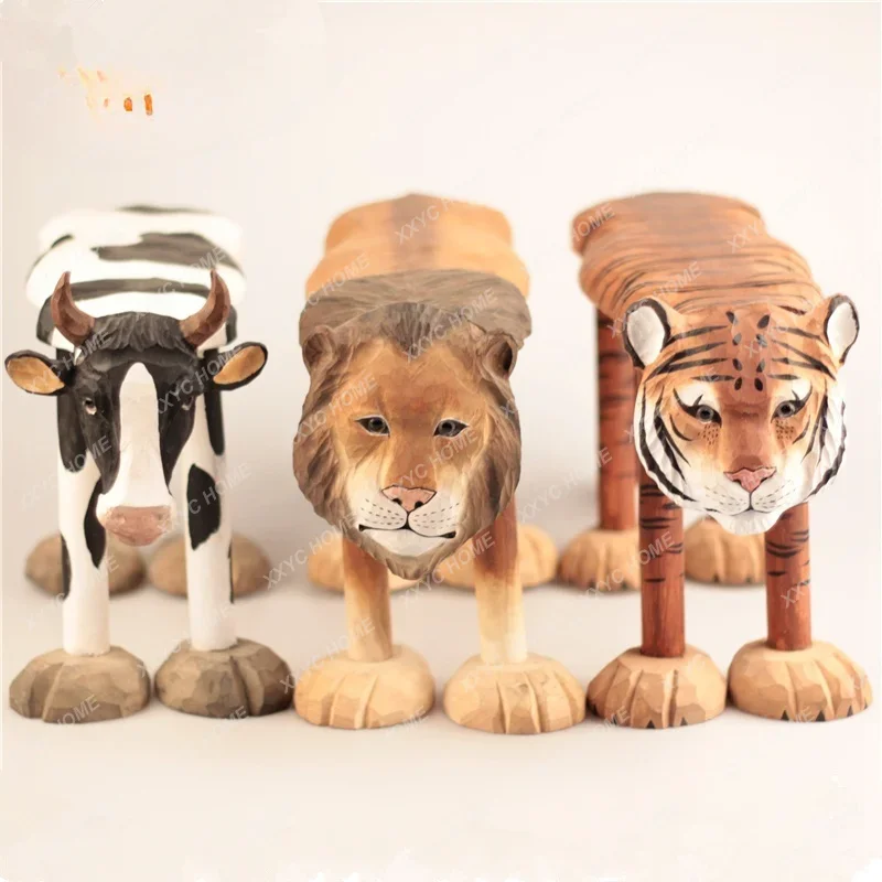 2 Solid Wood Hand Carved Medium Baby Animal Bench Children Low Stool Creative Home Stool Nordic Household Stool