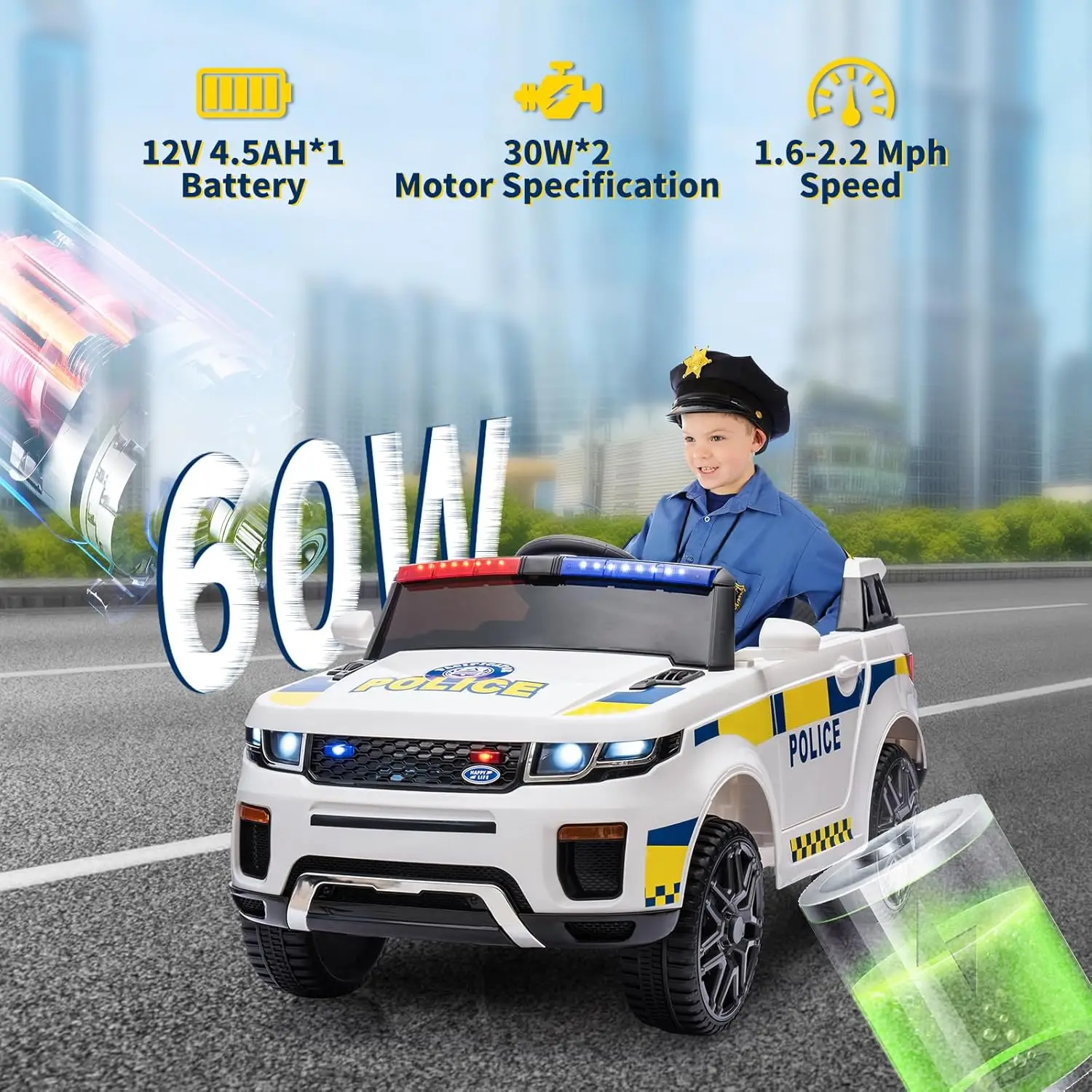 12V Kids Ride On Police Car SUV Toddlers Electric Cars Battery Operated Ride On Toy with 2.4G Remote Control, Megaphone, Light