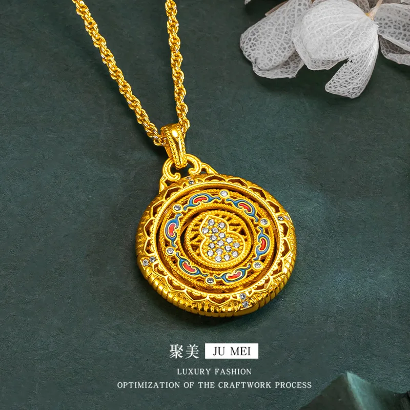 Zylax Jewelry Luxury 24K 9999 Pure Gold real gold Fu Sheng Lu rotating compass encrusted gourd enamel pendant women's necklace