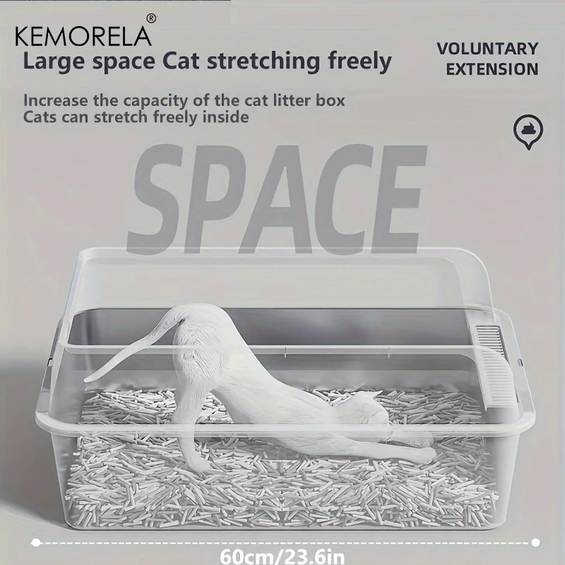 KEMORELA 1PC Stainless Steel Cat Bedpans Thickening Semi-enclosed High Side With Lid Litter Scoop Splashproof Open Litter Box