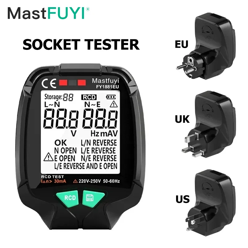 

MASTFUYI FY1881 Generation Full Screen Socket Tester Ground Zero AC Voltage Tester 30V-250V RCD Test Plug Polarity Phase Check