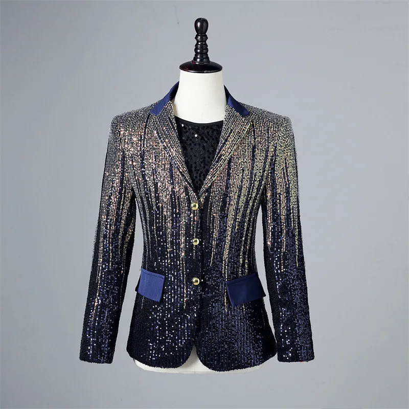 

Men's Gradient Blue Sequin Flat Lapel Casual Suit Jacket DJ Singer Shiny Jacket Prom Dress