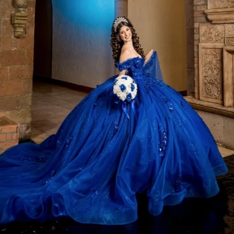 Королевские синие блестящие платья Quinceanera с открытыми плечами, аппликация, кружево, бисер, кристалл, тюль, корсет, вечерние, день рождения, милое платье 16,
