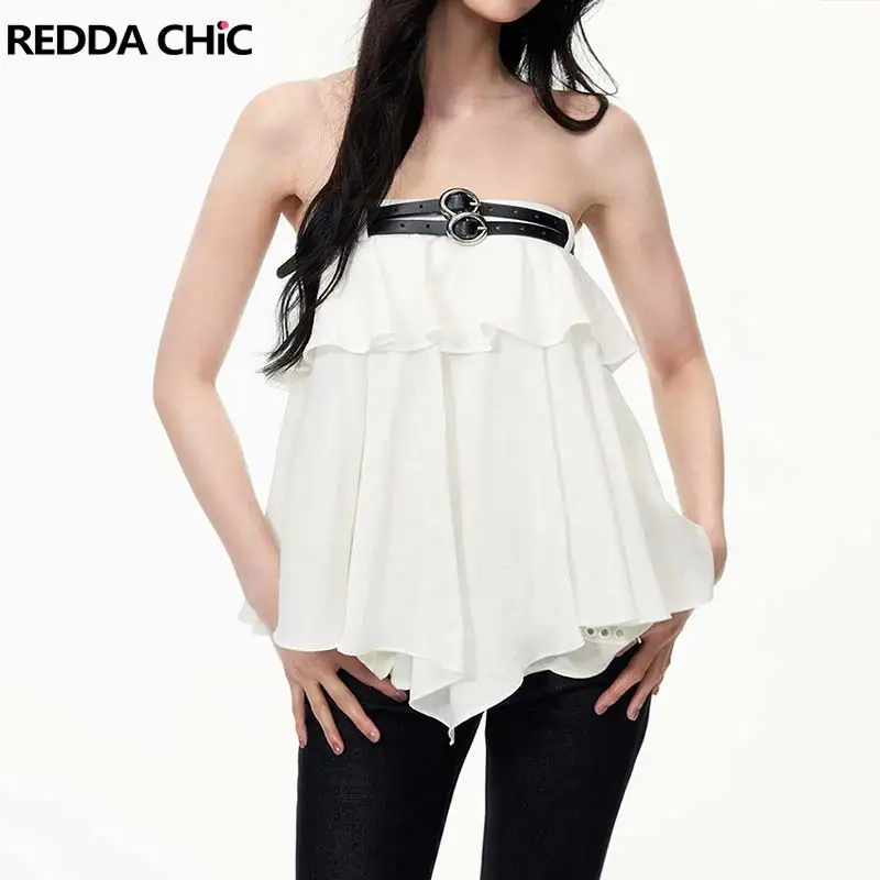 REDDACHiC Double-Belt White Corset Top Women ICON Irregular Layered Ruffle Patchwork Loose Fit Tank Camisole Trendy Streetwear