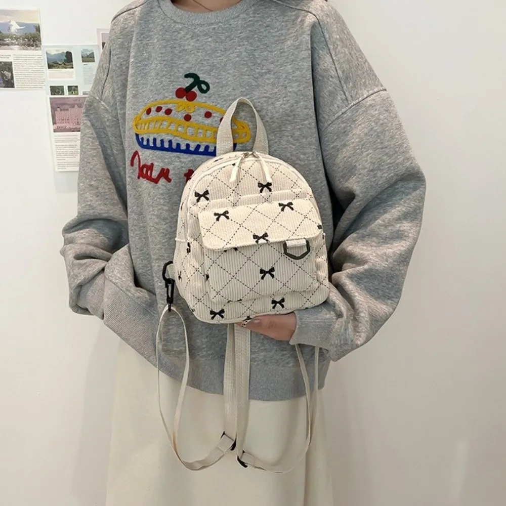 Fashion Corduroy Mini Backpack Lightweight Bowknot Printed Bow Rucksack Korean Style Zipper Shoulder Bag Women