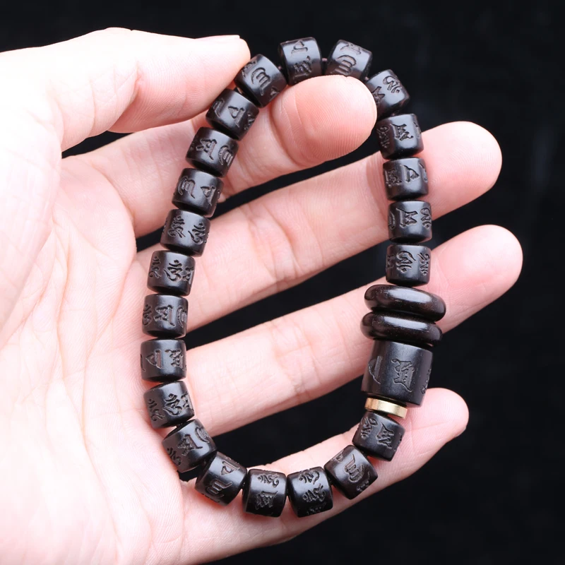 Authentic Natural Ebony Tibetan Six-Character Mantra Tibetan Prayer Wheel Bracelet 15mm Unisex Bracelet