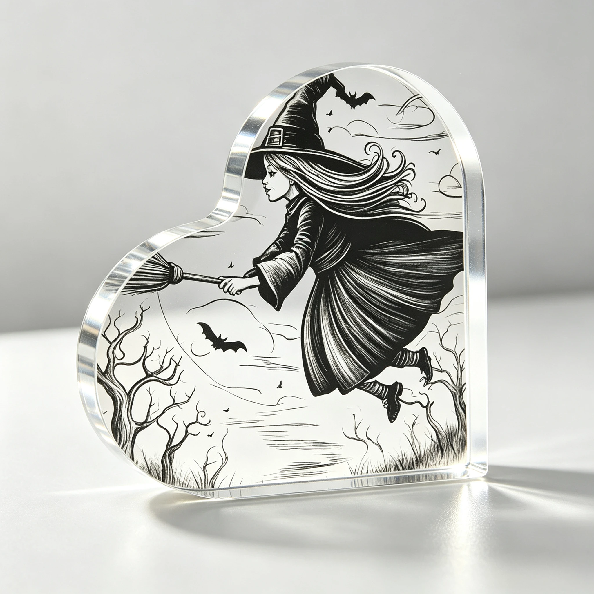 Heart‑Shaped Acrylic Plaque Flying Witch On Broomstick Bat Bare Tree Sketch Art Print Freestanding Table Ornament Gothic Halloween Desk Shelf Home Decor Spooky Season Keepsake Decoration Gift