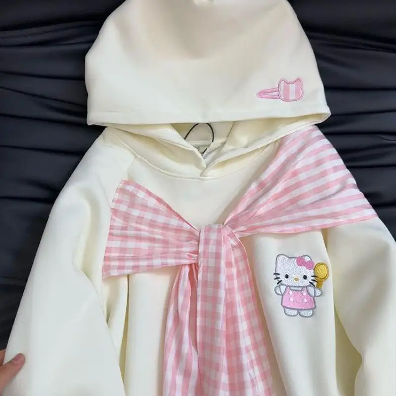 

Sanrio милый свитшот с капюшоном Hello Kitty свободное пальто корейский милый повседневный вышивка в клетку ремень мультфильм новый стиль толстовка модный
