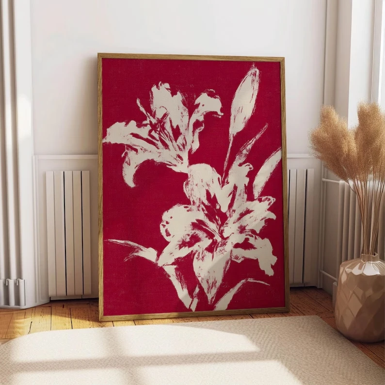 Retro Red Lily Bold Floral Wall Art Print Canvas Painting Poster Picture For Living Room,Bedroom Home Decor