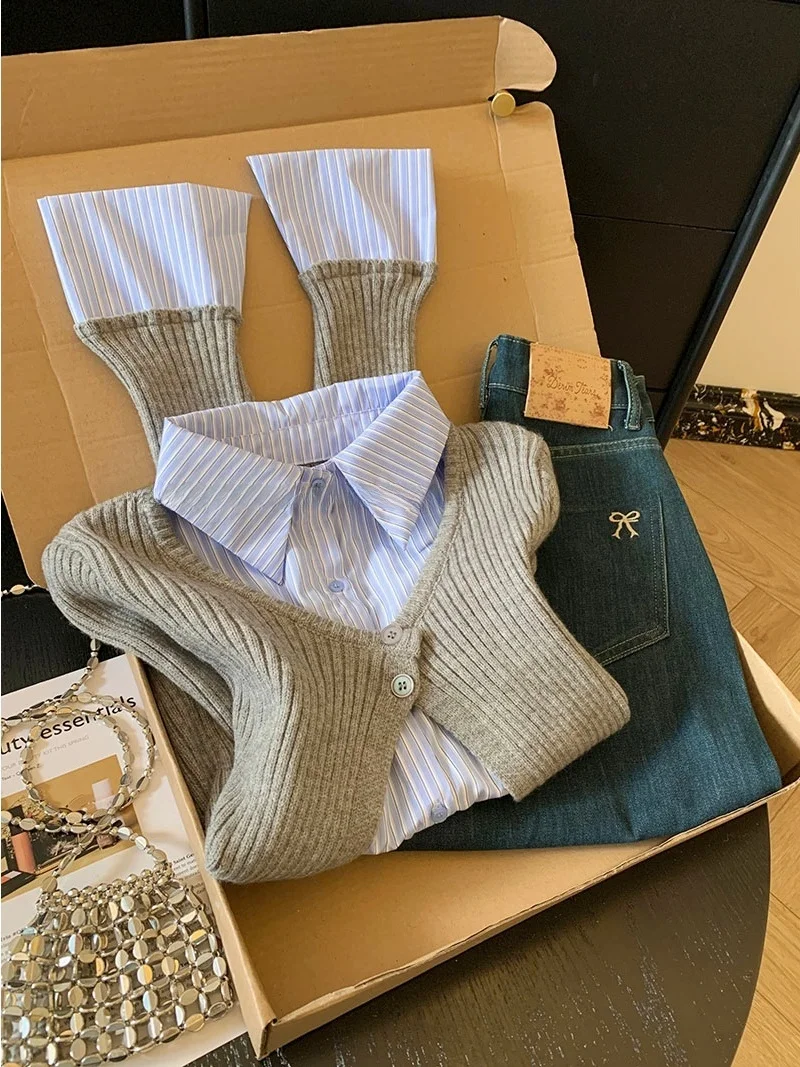 

Корейская трикотажная футболка-базовый слой в полоску, удлиненная, женская, осенне-зимняя, новый дизайн, с эффектом двухслойности...