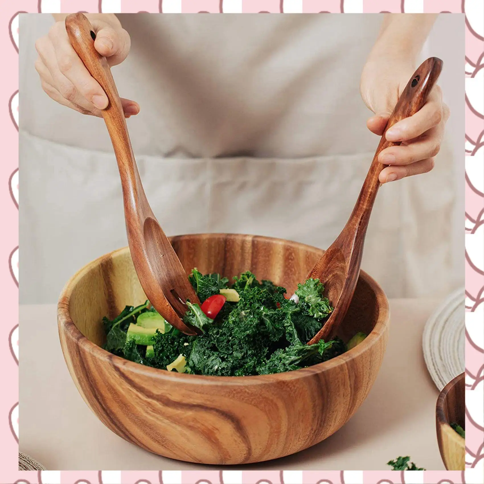 

HHTL 2X Wooden Salad Bowl-Large 9.4 Inch Acacia Wood Salad Wooden Bowl With Spoon, Can Be Used For Fruit, Salad