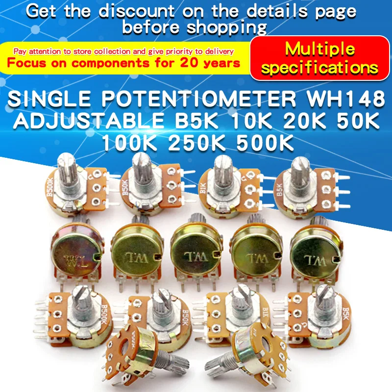 5PCS 5K 10K 20K 50K 100K 250K 500K Ohm WH148 20mm 3Pin Single link Linear Taper Rotary Potentiometer for Arduino