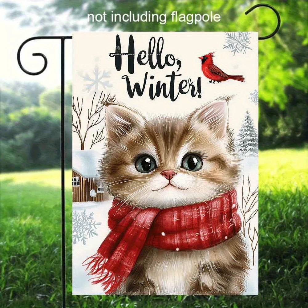 1pcs Hello Winter Cute Kitten Cardinal Winter Garden Flag Seasonal Outdoor Yard Decor