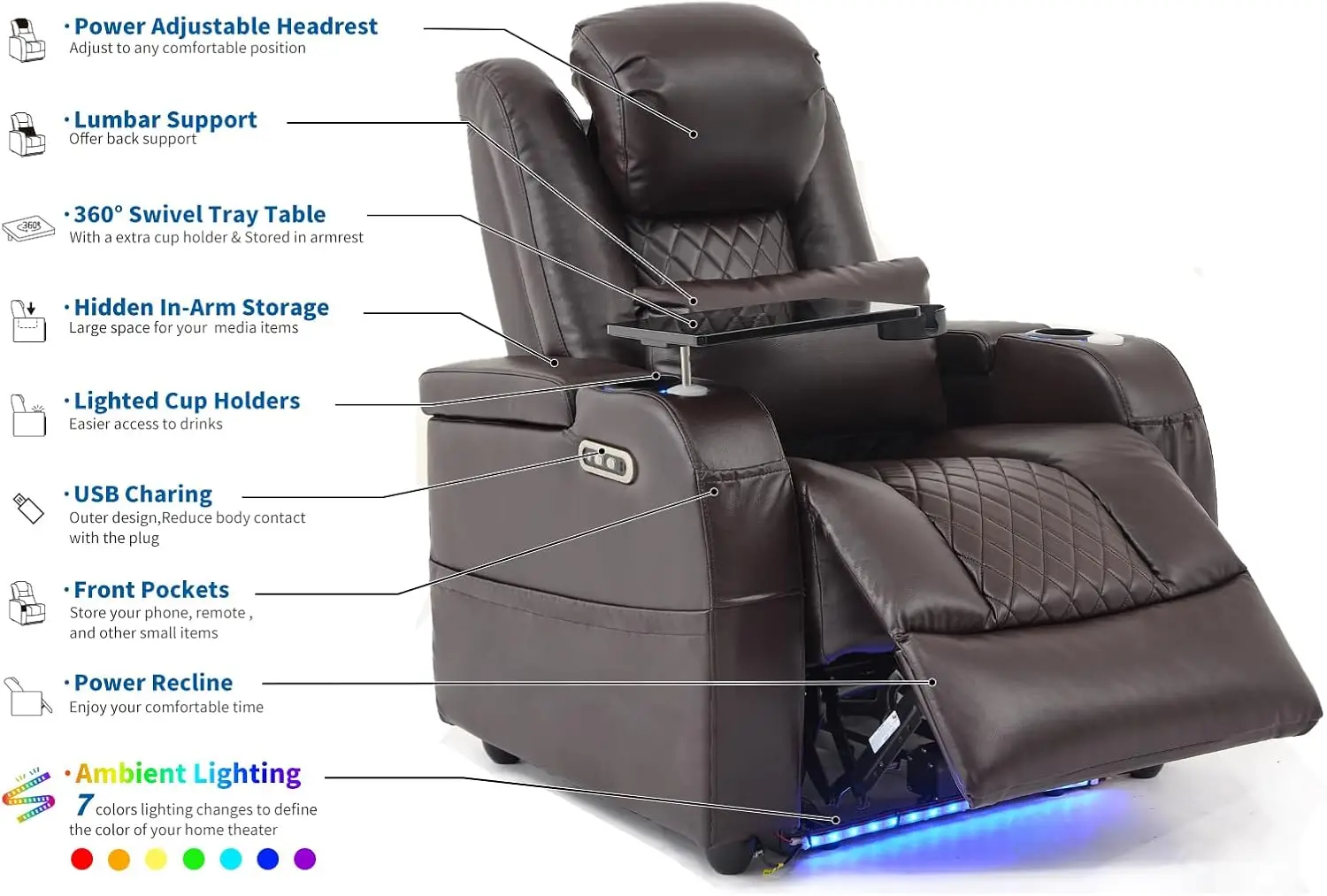 Home Theater Seating Seats, Game Movie Theater Chairs Theater Recliner Sofa with 7 Colors Ambient Lightin