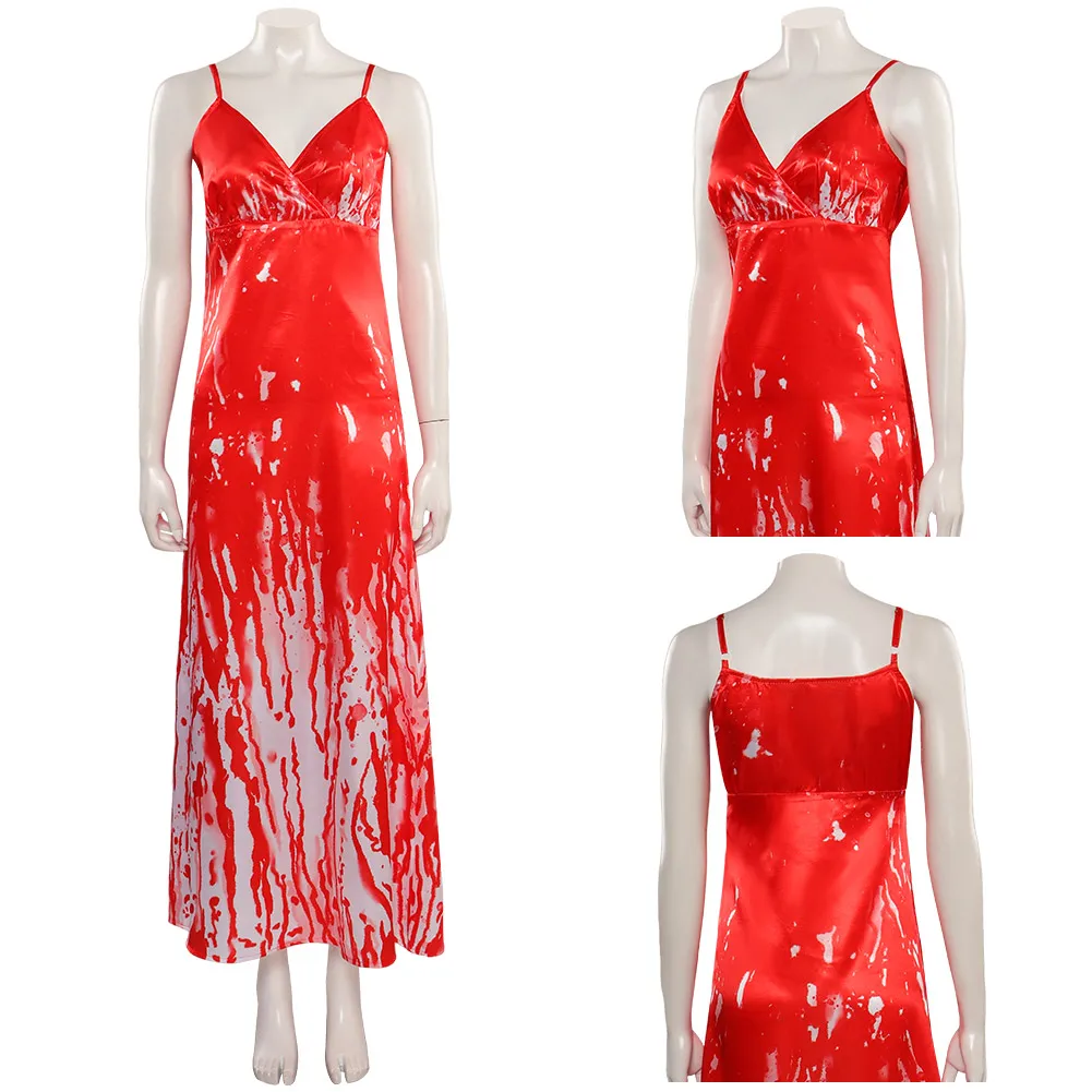 Horror Movie Carrie Cos White Cosplay Costume Red Printed Dress Halloween Carnival Party Suit Outfits For Adult Women Roleplay