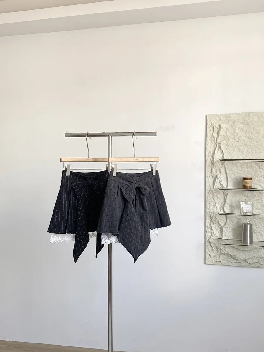 High Waist A-Line  Skirt Women's Spring Summer 2025 New Korean Style Lace Splicing Anti-Light Stripe Half-length Skirts