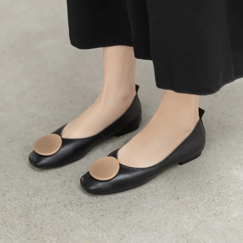 

Women's New Spring and Autumn Comfortable Genuine Leather Soft Cowhide Square Head Low Heel Large Size Lefu Shoes Flat Bottom